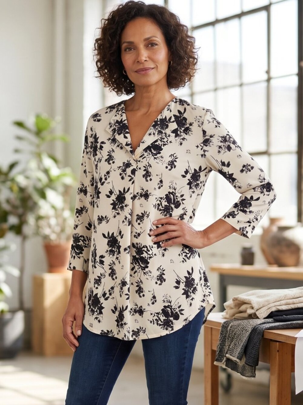 NWT | Cream and Black Floral Long Sleeve V-Neck Collared Blouse Top | XL